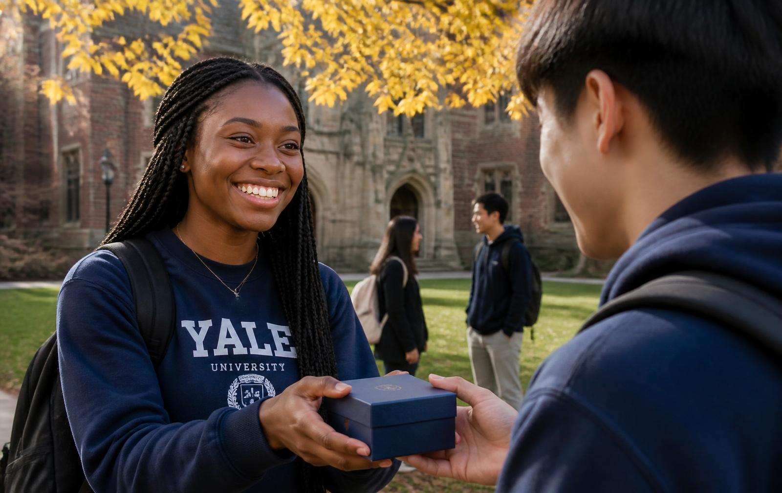 Students handing off an order on a university campus walkway